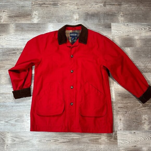 Lands'End Leather Collar Red Plaid Lined Barn Coat | Men's Size Tall L (42-44) - Picture 1 of 12